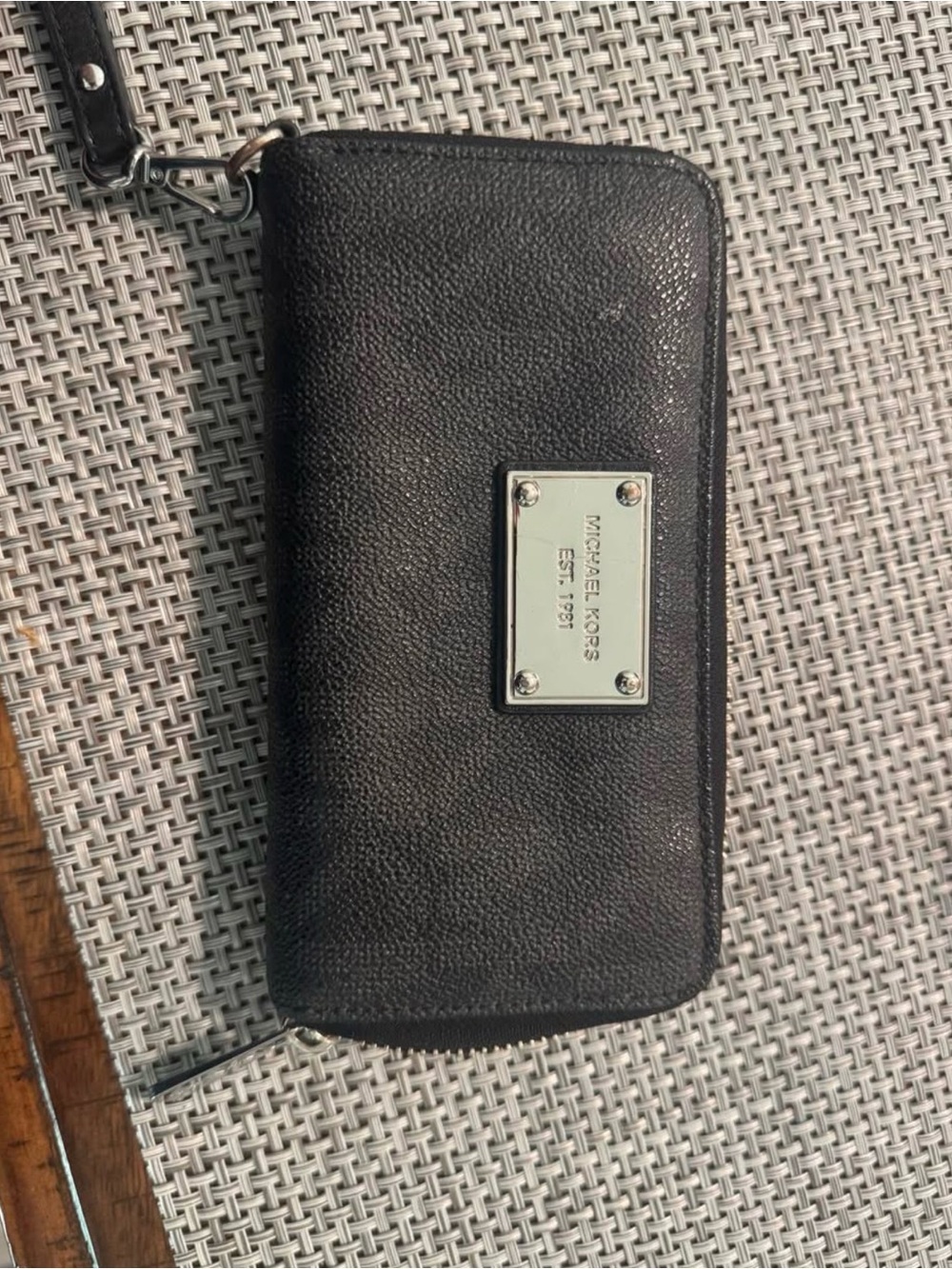 Michael Kors Black Pebbled Leather Wristlet Phone Case with Logo Plate